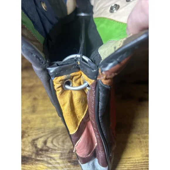 Patchwork Leather Purse Vintage Handmade Hong Kong Silver Tone Eye Arch Handle - Picture 11 of 14